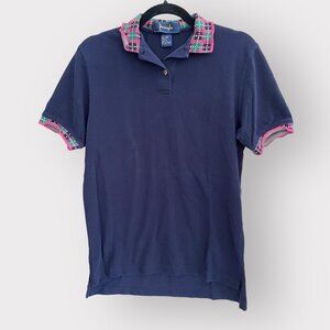 Pringle of Scotland Size M Navy Blue Plaid Trim Cotton Short Sleeve Polo Shirt
